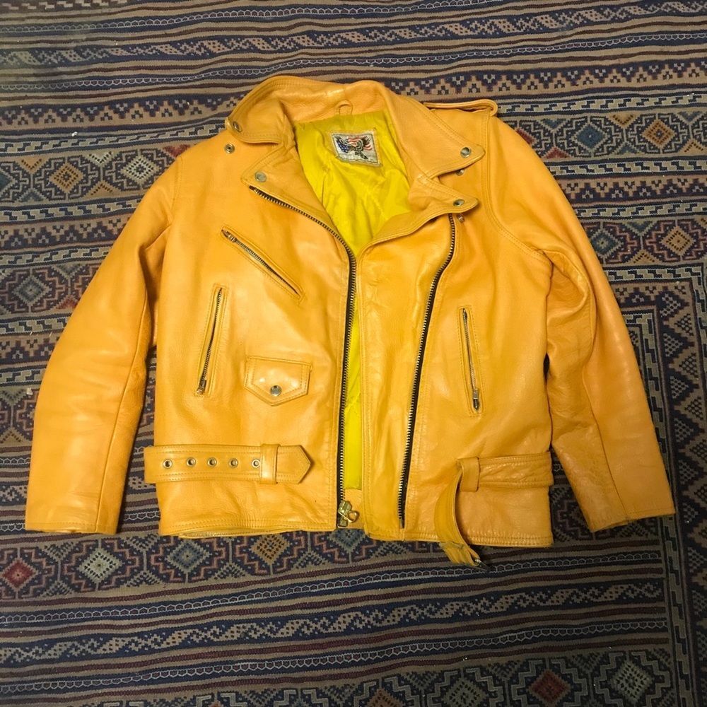Vintage yellow leather biker jacket size small